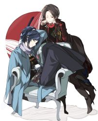 Rule 34 | 10s, 2boys, black hair, blue eyes, boots, brown hair, chair, daenarys, high heel boots, high heels, japanese clothes, kashuu kiyomitsu, male focus, mole, mole under mouth, multiple boys, one eye closed, ponytail, red eyes, scarf, simple background, smile, touken ranbu, yamato-no-kami yasusada