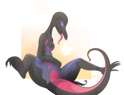 Rule 34 | 1girl, animal feet, anus, artist name, b-epon, black skin, breasts, breath, colored sclera, colored skin, creatures (company), dated, feet, female focus, full body, furry, furry female, game freak, gen 7 pokemon, gradient background, happy, highres, legs up, lizard tail, long tongue, looking at viewer, multicolored skin, nintendo, no nipples, open mouth, pink skin, pokemon, pokemon (creature), purple eyes, purple sclera, purple skin, pussy, reptile girl, salazzle, shiny skin, signature, simple background, sitting, slit pupils, small breasts, smile, solo, spread legs, tail, tongue, tongue out