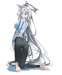 Rule 34 | 1girl, alternate costume, animal ear fluff, animal ears, barefoot, black pants, blue archive, blue eyes, blue shirt, breasts, closed mouth, cross hair ornament, dark halo, extra ears, feet, full body, grey hair, hair between eyes, hair ornament, halo, knees together feet apart, large breasts, legs, long hair, long sleeves, pants, shiroko (blue archive), shiroko terror (blue archive), shirt, simple background, soles, solo, sydus, toenails, toes, white background, wolf ears