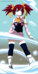 Rule 34 | 1girl, fairy tail, grey eyes, heart, looking at viewer, red hair, ribbon, sheria blendy, skirt, smile, solo, standing, thighhighs, third-party edit, twintails, wind