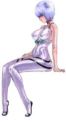 Rule 34 | 1girl, ayanami rei, blue hair, breasts, covered erect nipples, interface headset, large breasts, neon genesis evangelion, plugsuit, red eyes, short hair, sitting, skin tight, sleeveless, sochie, solo