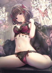 Rule 34 | 1girl, black hair, blunt bangs, blurry, blurry background, bow, bow panties, bra, bug, butterfly, butterfly hair ornament, ceiling, chandelier, hair ornament, highres, indoors, insect, lace, lace bra, lace panties, missile228, navel, original, panties, purple eyes, red bra, red panties, sitting, solo, tongue, tongue out, underwear, wariza