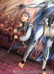 Rule 34 | 6+boys, brick floor, castle, corrin (fire emblem), corrin (male) (fire emblem), fire emblem, fire emblem cipher, fire emblem fates, green eyes, grey hair, holding, holding polearm, holding weapon, multiple boys, nintendo, official art, open mouth, polearm, quiff, silas (fire emblem), soldier, toyota saori, weapon