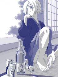 Rule 34 | 1girl, alcohol, bad drawr id, bad id, bare legs, barefoot, beer can, blue kimono, blue theme, bottle, can, character request, copyright request, cup, drink can, feet, head rest, japanese clothes, kimono, monochrome, oekaki, purple theme, segawa haruna, short hair, shouji, sitting, sliding doors, smile, solo, tatami, toes