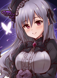 Rule 34 | 1girl, black dress, black gloves, black hat, black ribbon, blush, breasts, bug, butterfly, butterfly hair ornament, dress, fishnet gloves, fishnets, gloves, grey hair, hair down, hair ornament, hair ribbon, hat, head tilt, idolmaster, idolmaster cinderella girls, idolmaster cinderella girls starlight stage, insect, kanzaki ranko, large breasts, long hair, own hands clasped, own hands together, purple eyes, ribbon, smile, solo, uraichishi, wavy hair