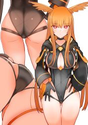 Rule 34 | 1girl, adjusting clothes, adjusting swimsuit, ass, black one-piece swimsuit, blush, breasts, cleavage, cleavage cutout, closed mouth, clothing cutout, commentary request, fate/grand order, fate (series), geirskogul (fate), gloves, gluteal fold, head wings, highleg, highleg swimsuit, highres, jacket, large breasts, long hair, long sleeves, looking at viewer, medium breasts, one-piece swimsuit, orange hair, red eyes, simple background, swimsuit, thigh gap, thighs, valkyrie (fate), very long hair, white background, wings, yoosai