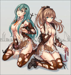 Rule 34 | 10s, 2girls, aqua hair, blue eyes, breasts, brown eyes, brown hair, cleavage, hair ornament, hair over breasts, hairclip, kantai collection, kumano (kancolle), large breasts, long hair, looking at viewer, madogawa, multiple girls, navel, open mouth, ponytail, suzuya (kancolle), thighhighs, torn clothes