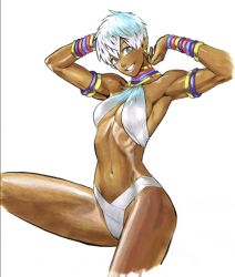 Rule 34 | 1girl, armpits, arms up, blue eyes, bracelet, breasts, cleavage, cropped legs, dark skin, dark-skinned female, earrings, elena (street fighter), halterneck, jewelry, looking at viewer, midriff, murata yuusuke, navel, neck ring, ribs, short hair, silver hair, smile, solo, street fighter, swimsuit, toned, traditional media, white background