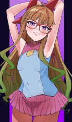 1girl armpits arms_behind_head arms_up bare_shoulders blue_shirt blush breasts brown_hair cosplay glass glasses gradient_background highres long_hair looking_at_viewer miniskirt mizuki_kotori_(yu-gi-oh!) mizuki_kotori_(yu-gi-oh!)_(cosplay) ohdo_yuamu otb082 over-rim_eyewear pink_skirt pleated_skirt purple_background purple_eyes semi-rimless_eyewear shirt simple_background skindentation skirt small_breasts solo thighhighs white_background yu-gi-oh! yu-gi-oh!_go_rush!! yu-gi-oh!_zexal