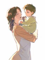 Rule 34 | 1boy, 1girl, apron, baby, black hair, brown hair, carla yeager, carrying, cowboy shot, eren yeager, from side, highres, long hair, mother and son, motherly, profile, shingeki no kyojin, short hair, smile, zigong