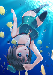 Rule 34 | 10s, 1girl, adapted costume, alternate costume, aqua eyes, aqua one-piece swimsuit, bare arms, bare shoulders, black thighhighs, breasts, brown hair, caustics, choker, collarbone, fish, from below, hair ornament, hat, hat ribbon, highres, kantai collection, large breasts, lips, looking at viewer, maya (kancolle), maya kai ni (kancolle), mini hat, ocean, one-piece swimsuit, open mouth, perspective, ribbon, school swimsuit, short hair, solo, submerged, swimsuit, thighhighs, tropical fish, underwater, upside-down, water, x hair ornament, yasuto (eria151)
