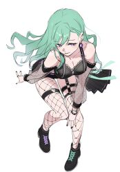 Rule 34 | 1girl, asymmetrical footwear, asymmetrical legwear, bare shoulders, black footwear, black nails, breasts, cleavage, collarbone, commentary request, detached sleeves, earrings, fishnet pantyhose, fishnet thighhighs, fishnets, green hair, highres, jewelry, koiori, leaning forward, long hair, looking at viewer, medium breasts, pantyhose, parted lips, purple eyes, see-through, see-through sleeves, shoes, sketch, solo, thighhighs, virtual youtuber, vspo!, yakumo beni, yakumo beni (1st costume)