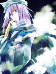 Rule 34 | 1girl, asahina, blue eyes, blue vest, chinese clothes, hand on own cheek, hand on own face, hanfu, hat, japanese clothes, kimono, lapel pin, letty whiterock, looking at viewer, mob cap, purple hair, scarf, solo, touhou, triangular headpiece, vest, white scarf, wide sleeves, yuki onna