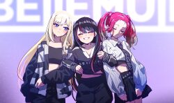 Rule 34 | 3girls, ai (denonbu), black hair, black necktie, black pants, black shirt, black skirt, blonde hair, closed eyes, closed mouth, collared shirt, commentary request, cowboy shot, crop top, denonbu, facing viewer, group name, happy, highres, jacket, lico (denonbu), locked arms, long hair, long sleeves, looking at another, midriff, multicolored hair, multiple girls, necktie, open clothes, open jacket, open mouth, pants, parted bangs, pink hair, puffy long sleeves, puffy sleeves, purple eyes, shirt, skirt, smile, standing, streaked hair, twintails, very long hair, wanowanoji67, white shirt, yuna (denonbu)