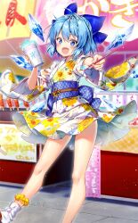 Rule 34 | 1girl, artist request, blue bow, blue hair, blue sash, blush, bow, check artist, cirno, cirno (yukata), concrete, cup, fairy, fairy wings, festival, floral print, flower brooch, food, food stand, full body, geta, hair bow, holding, holding cup, holding food, holding spoon, ice, ice wings, japanese clothes, jigatei (omijin), kimono, long sleeves, obi, official alternate costume, official art, open mouth, sash, shaved ice, short hair, single ankle cuff, smile, snowflake print, socks, spoon, sunflower print, title, touhou, touhou cannonball, white kimono, white socks, wide sleeves, wings, yukata
