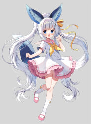 Rule 34 | 1girl, ahoge, animal ear fluff, animal ears, blue eyes, blush, dress, fang, full body, grey background, grey hair, hair ornament, hair ribbon, hat, long hair, looking at viewer, mauve, neckerchief, open mouth, original, pink footwear, pink sailor collar, ribbon, sailor collar, sailor dress, shoes, short sleeves, simple background, smile, socks, solo, standing, standing on one leg, tail, twintails, v, white dress, white hat, white socks, x hair ornament, yellow neckerchief, yellow ribbon