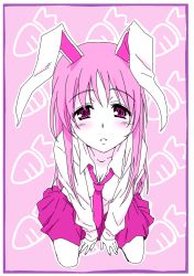Rule 34 | 1girl, animal ears, bad id, bad pixiv id, blush, breasts, rabbit ears, carrot, cleavage, female focus, from above, ikuya koimori, long hair, looking at viewer, medium breasts, monochrome, necktie, parted lips, perspective, pink theme, reisen udongein inaba, sitting, solo, touhou, wariza