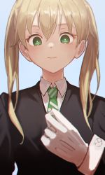 Rule 34 | 1girl, blonde hair, blue background, closed mouth, from below, gloves, green eyes, green necktie, hair over shoulder, lips, long hair, long sleeves, looking at viewer, looking down, maka albarn, moth1, necktie, simple background, sleeve cuffs, solo, soul eater, soul evans, striped necktie, striped neckwear, twintails, upper body, white gloves