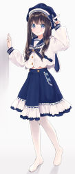 Rule 34 | 1girl, arm up, beret, blue eyes, blue hat, blue sailor collar, blue skirt, blush, brown hair, closed mouth, commentary, full body, hand up, hat, highres, light smile, long hair, long sleeves, looking at viewer, midriff peek, no shoes, original, pantyhose, puffy long sleeves, puffy sleeves, rimo, sailor collar, school uniform, serafuku, shirt, skirt, sleeves past wrists, solo, standing, standing on one leg, symbol-only commentary, white pantyhose, white shirt