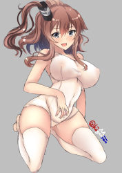 Rule 34 | 1girl, blue eyes, breasts, brown hair, full body, grey background, hair between eyes, hair ornament, kantai collection, kneeling, kuga zankurou, large breasts, one-piece swimsuit, open mouth, ponytail, saratoga (kancolle), school swimsuit, side ponytail, sidelocks, simple background, smile, smokestack, smokestack hair ornament, solo, swimsuit, teeth, thighhighs, twitter username, upper teeth only, white one-piece swimsuit, white school swimsuit, white thighhighs