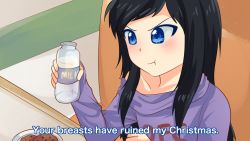 Rule 34 | black hair, blue eyes, bottle, christmas, cookie, dfc-tan, drawfag, english text, oomuro sakurako, parody, pout, shirt, text focus, yuru yuri