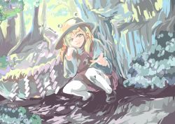Rule 34 | 1girl, boulder, female focus, hat, head rest, moriya suwako, mosuke, nature, outdoors, outstretched hand, plant, reaching, reaching towards viewer, rope, scenery, shide, shimenawa, smile, solo, squatting, thighhighs, touhou