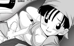 Rule 34 | 1boy, 1girl, age difference, aged up, bandana, blush, breasts, dragon ball, dragon ball gt, erection, first person view, handjob, highres, looking at viewer, medium breasts, monochrome, motion lines, pan (dragon ball), penis, shirt, sitting, spaceship, toei animation, trunks (dragon ball)