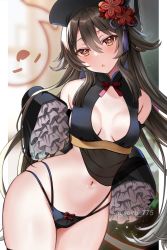 Rule 34 | 1girl, bare shoulders, black headwear, black panties, blush, breasts, brown hair, clothing cutout, detached sleeves, flower, genshin impact, ghost, hat, hat flower, highleg, highleg panties, highres, hu tao (genshin impact), long hair, looking at viewer, navel, panties, pelvic curtain, plum blossoms, red eyes, seiru (prairie), sleeves past fingers, sleeves past wrists, small breasts, solo focus, symbol-shaped pupils, tassel, thighs, twintails, underwear, very long hair, wide sleeves