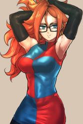 Rule 34 | 1girl, android 21, armpits, arms up, black-framed eyewear, blue eyes, breasts, brown hair, checkered clothes, checkered dress, closed mouth, collarbone, commentary request, cowboy shot, curly hair, detached sleeves, dragon ball, dragon ball fighterz, dress, earrings, glasses, hoop earrings, jewelry, kemachiku, long hair, looking at viewer, medium breasts, simple background, sleeveless, sleeveless dress, smile, solo, two-tone dress, very long hair