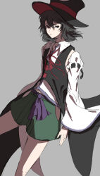 Rule 34 | 1other, androgynous, black coat, black eyes, black hair, black hat, closed mouth, coat, collared shirt, commentary request, cowboy shot, detached sleeves, enraku tsubakura, green shorts, grey background, hair between eyes, hat, highres, len&#039;en, long sleeves, neck ribbon, open collar, other focus, purple trim, red ribbon, ribbon, shirt, short hair, shorts, simple background, sketch, sleeveless, sleeveless coat, sleeveless shirt, solo, two-sided fabric, two-sided headwear, white shirt, white sleeves, wide sleeves, yoni.