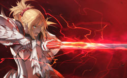Rule 34 | 1girl, armor, blonde hair, blurry, braid, breastplate, clarent (fate), commentary request, depth of field, electricity, fate/apocrypha, fate (series), faulds, fighting stance, french braid, gauntlets, glowing, glowing sword, glowing weapon, green eyes, hair ornament, hair scrunchie, holding, holding sword, holding weapon, long hair, looking away, mordred (fate), mordred (fate/apocrypha), open mouth, pauldrons, ponytail, red background, red scrunchie, scrunchie, serious, shoulder armor, sidelocks, solo, standing, sword, teko, two-handed, upper body, v-shaped eyebrows, weapon