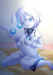Rule 34 | 1girl, :o, azur lane, bare legs, bare shoulders, barefoot, black nails, blue eyes, blue hair, colored skin, commentary request, dress, full body, hair over one eye, hands up, highres, holding, holding stuffed toy, hugging doll, hugging object, indoors, looking at viewer, medium hair, multicolored hair, nail polish, off-shoulder dress, off shoulder, pale skin, parted lips, sitting, solo, spaghetti strap, staring, streaked hair, stuffed toy, suzu (17081023), tail, tb (azur lane), tb (young) (azur lane), two-tone hair, white dress, white hair, white skin