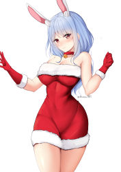 Rule 34 | 1girl, absurdres, animal ear fluff, animal ears, bare shoulders, bell, blue hair, blush, breasts, choker, cleavage, closed mouth, covered navel, dress, fur-trimmed dress, fur-trimmed gloves, fur trim, gloves, highres, hololive, jingle bell, large breasts, lips, long hair, looking at viewer, mature female, mole, mole under eye, narrow waist, nassss, neck bell, pekomama, rabbit ears, rabbit girl, red choker, red dress, red eyes, short eyebrows, simple background, sleeveless, sleeveless dress, solo, strapless, strapless dress, thick eyebrows, virtual youtuber, white background