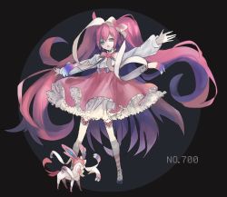 Rule 34 | 1girl, bad id, bad pixiv id, black background, blue eyes, bow, colored sclera, creatures (company), dress, frilled dress, frills, game freak, gen 6 pokemon, hair bow, klxv, long hair, nintendo, open mouth, outstretched arm, personification, pink dress, pink sclera, pokedex number, pokemon, pokemon (creature), socks, standing, striped clothes, striped socks, striped thighhighs, sylveon, thighhighs, very long hair, white thighhighs