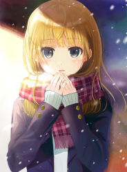 Rule 34 | 1girl, black jacket, blazer, blonde hair, blue eyes, blunt bangs, blush, breath, breathing on hands, commentary request, enpera, hands up, jacket, kashiwaba en, long hair, long sleeves, looking at viewer, open clothes, open jacket, original, parted lips, plaid, plaid scarf, red scarf, scarf, school uniform, sleeves past wrists, snowing, solo, sweater, white sweater