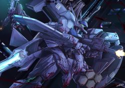 Rule 34 | absurdres, ash (shikkoku no tsubasa), firing, from side, gun, highres, holding, holding gun, holding weapon, looking ahead, mecha, muv-luv, muv-luv alternative, no humans, robot, science fiction, shield, signature, solo focus, tactical surface fighter, thrusters, type 94 shiranui, visor, weapon