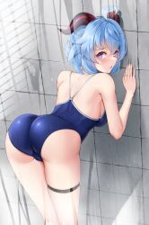 Rule 34 | 1girl, against wall, ahoge, ass, bare arms, bare shoulders, bent over, blue hair, blue one-piece swimsuit, blush, breasts, competition swimsuit, dappled sunlight, ganyu (genshin impact), genshin impact, horns, looking at viewer, matrix16, medium breasts, one-piece swimsuit, open mouth, purple eyes, sideboob, solo, sunlight, swimsuit, thigh strap, thighs