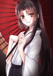 Rule 34 | 10s, 1girl, ahoge, bad id, bad pixiv id, black hair, blush, gradient background, japanese clothes, kantai collection, long hair, looking at viewer, meaomao, oil-paper umbrella, shouhou (kancolle), smile, solo, umbrella, upper body, very long hair