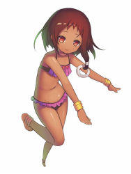 10s 1girl anklet asymmetrical_hair barefoot bikini black_hair bracelet brown_eyes choi_mochimazzui dark-skinned_female dark_skin female_focus jewelry kinjo_kuromomo lots_of_jewelry perspective short_hair solo swimsuit tamako_market