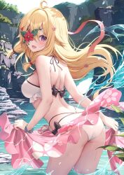 Rule 34 | 1girl, ahoge, bare shoulders, bikini, black ribbon, blonde hair, breasts, commission, floral print, flower, flower eyepatch, hair ornament, hairclip, highres, large breasts, long hair, open mouth, original, outdoors, partially submerged, purple eyes, red flower, ribbon, sarong, skeb commission, smile, solo, swimsuit, white bikini, yoshino ryou