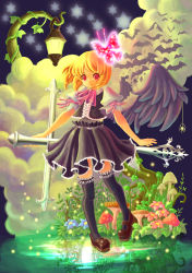 Rule 34 | 1girl, absurdres, bat (animal), blonde hair, bug, butterfly, cloud, cross, dress, embodiment of scarlet devil, female focus, highres, insect, lamppost, mashiro kiichi, mushroom, red eyes, rumia, short hair, smile, solo, spider, star (symbol), touhou, wings