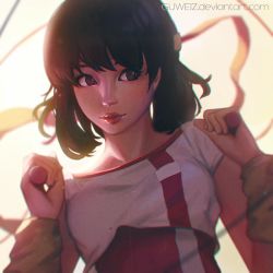 Rule 34 | 1girl, black eyes, black hair, blurry, blurry background, commission, depth of field, deviantart username, guweiz, headband, jump rope, lipstick, long sleeves, looking to the side, makeup, parted lips, red lips, shirt, short hair, solo, takaya noriko, top wo nerae!, upper body