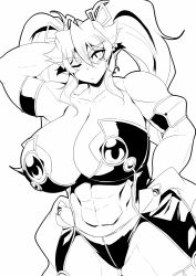 Rule 34 | abs, armored bikini, frown, highres, kuhdelka charolais, lineart, matsumoto katsuya, muscular, muscular female, thick thighs, thighs, twintails