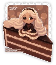 Rule 34 | 1girl, artist name, black footwear, black hairband, brown dress, brown pantyhose, cake, cake slice, chibi, chocolate cake, closed mouth, commentary, dark-skinned female, dark skin, dav-19, doily, dress, food, forehead, hairband, light brown hair, long hair, long sleeves, looking at viewer, original, pantyhose, personification, puffy long sleeves, puffy sleeves, shoes, sitting, smile, solo, very long hair, watermark, web address, white background