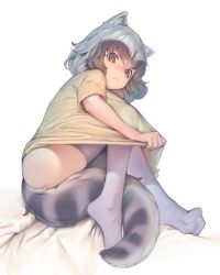Rule 34 | 1girl, :c, alternate costume, animal ears, ass, bare arms, black hair, brown eyes, closed mouth, common raccoon (kemono friends), curled up, frown, full body, grey hair, grey thighhighs, highres, kemono friends, knees up, looking at viewer, lying, medium hair, mifu (b24vc1), multicolored hair, on side, raccoon ears, raccoon girl, raccoon tail, shirt, shirt tug, short sleeves, skindentation, solo, t-shirt, tail, thighhighs, two-tone hair, yellow shirt