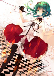 Rule 34 | 1girl, black gloves, black pantyhose, checkered floor, unworn eyewear, floating clothes, floor, frown, glasses, gloves, green eyes, green hair, gumi, highres, matching hair/eyes, naoto (tulip), pantyhose, short hair, skirt, solo, string, string of fate, tank top, vocaloid