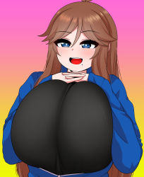 Rule 34 | 1girl, absurdres, blue eyes, blush, breasts, brown hair, highres, huge breasts, long hair, looking at viewer, mole, mole under mouth, open mouth, original, smile, solo, the only shoe, tisha tsuu, upper body
