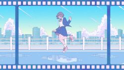 Rule 34 | 1girl, absurdres, blue jacket, blue skirt, building, cloud, collared shirt, earbuds, earphones, grey hair, hand up, highres, jacket, long sleeves, original, pink footwear, pleated skirt, profile, reflection, shi oo, shirt, shirt tucked in, shoes, short hair, skirt, socks, solo, white shirt, white socks, wide shot