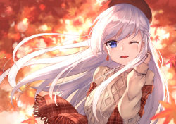 Rule 34 | 1girl, ;d, absurdres, aran sweater, autumn leaves, azur lane, belfast (azur lane), beret, blue eyes, blurry, blurry background, blurry foreground, braid, brown sweater, cable knit, commentary request, earrings, floating hair, fringe trim, hand up, hat, highres, huge filesize, jewelry, leaf, long hair, long sleeves, looking at viewer, maple leaf, masaki (msk064), one eye closed, open mouth, plaid, red hat, shawl, silver hair, sleeves past wrists, smile, solo, sweater, teeth, upper body, upper teeth only, very long hair, wind