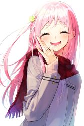 Rule 34 | 1girl, closed eyes, clover, clover hair ornament, hair ornament, highres, jacket, long hair, necktie, open clothes, open jacket, open mouth, original, pink hair, red scarf, sakuragi ren, scarf, school uniform, simple background, solo, teeth, waving, white background